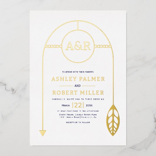 Goud lijst met blad en initialen wit bruiloft folie uitnodiging (Voorkant)