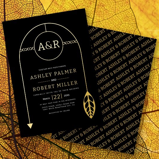 Goud lijst met blad, initialen zwart bruiloft folie uitnodiging