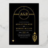 Goud lijst met blad, initialen zwart bruiloft folie uitnodiging (Voorkant)