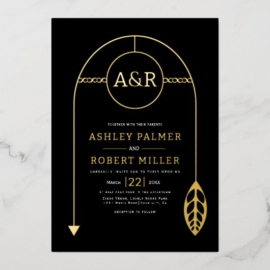 Goud lijst met blad, initialen zwart bruiloft folie uitnodiging (Voorkant)