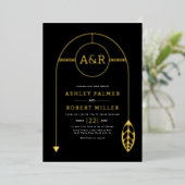 Goud lijst met blad, initialen zwart bruiloft folie uitnodiging (Staand Voorkant)