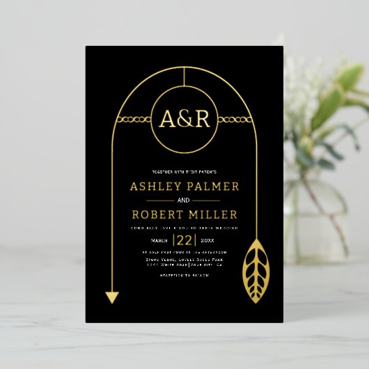 Goud lijst met blad, initialen zwart bruiloft folie uitnodiging (Staand Voorkant)