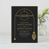 Goud lijst met blad, initialen zwart bruiloft kaart (Staand voorkant)