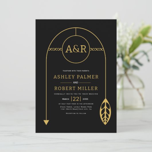 Goud lijst met blad, initialen zwart bruiloft kaart (Staand voorkant)