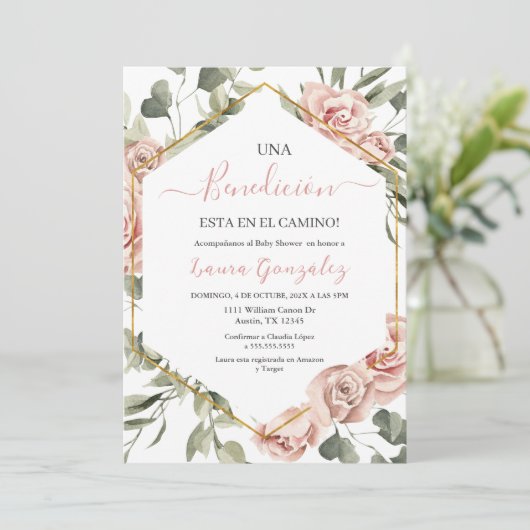 Goud lijst met rozen Baby shower in het Spaans Kaart (Staand voorkant)
