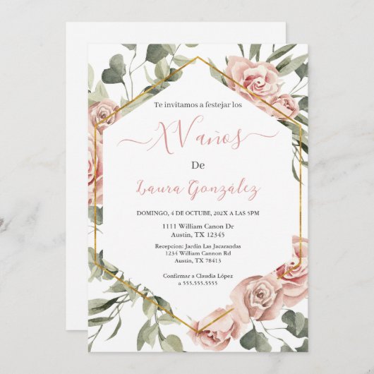 Goud lijst met rozen Quinceanera spaans Kaart (Voorkant / Achterkant)