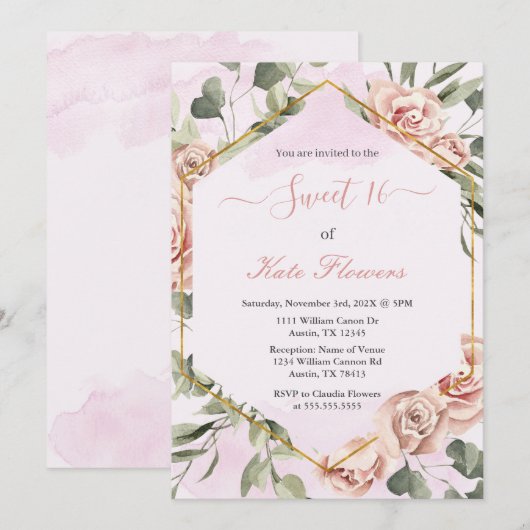 Goud lijst met rozen Quinceanera spaans Kaart (Voorkant / Achterkant)