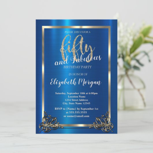 Goud Lijst Metallic Blauw 50ste Verjaardagsfeest Kaart (Staand voorkant)