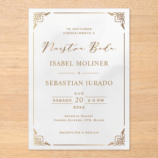 Goud Lijst Motif Nuestra Boda Spaans Bruiloft Acryl Uitnodigingen (Voorkant)