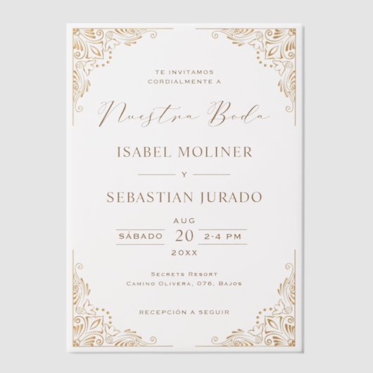 Goud Lijst Nuestra Boda Spaans Bruiloft Vellum Uitnodigingen (Voorkant)