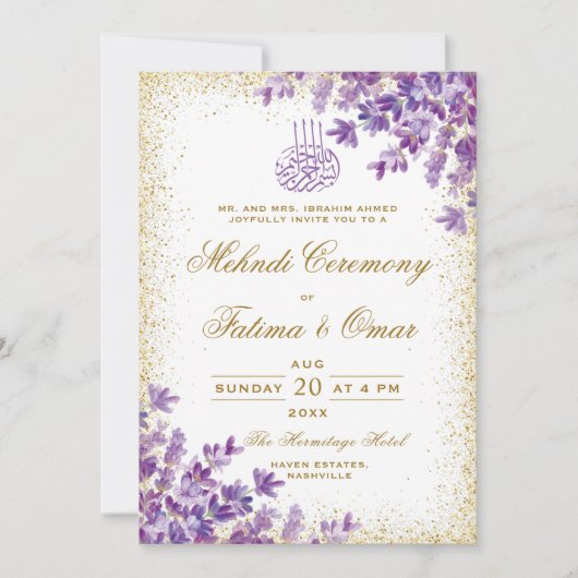Goud Lijst Paarse Lavendel Islamitische Mehndi Cer Kaart (Voorkant)