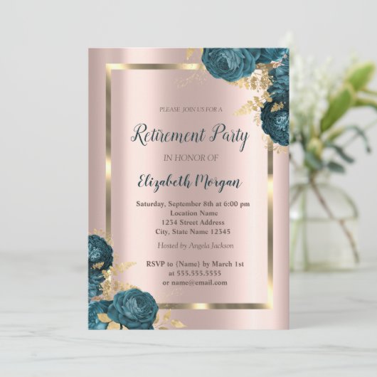 Goud Lijst, Roos Goud Groene Bloemen Pensionering Kaart (Staand voorkant)