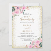 Goud Lijst Roze Bloemen 50ste bruiloft Jubileum Kaart (Voorkant)