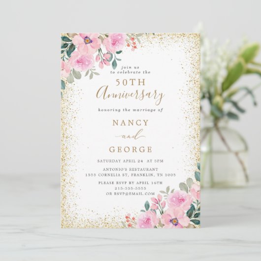 Goud Lijst Roze Bloemen 50ste bruiloft Jubileum Kaart (Staand voorkant)