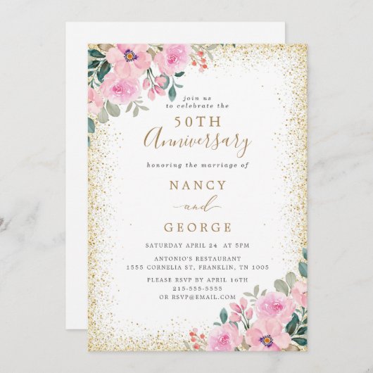 Goud Lijst Roze Bloemen 50ste bruiloft Jubileum Kaart (Voorkant / Achterkant)