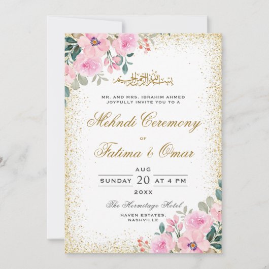 Goud Lijst Roze Bloemen Islamitische Mehndi Ceremo Kaart (Voorkant)