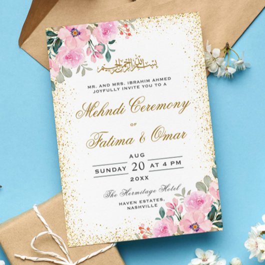Goud Lijst Roze Bloemen Islamitische Mehndi Ceremo Kaart