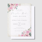 Goud Lijst Roze Bloemen Nuestra Boda Spaans Vellum Uitnodigingen (Offset)