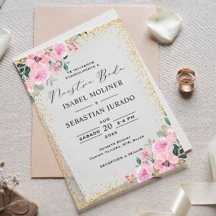 Goud Lijst Roze Bloemen Nuestra Boda Spaans Vellum Uitnodigingen