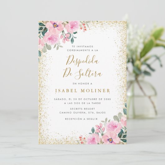 Goud Lijst Roze Bloemen Spaans Vrijgezellenfeest Kaart (Staand voorkant)