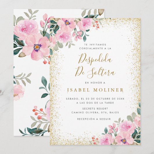 Goud Lijst Roze Bloemen Spaans Vrijgezellenfeest Kaart (Voorkant / Achterkant)