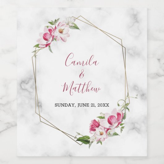 Goud Lijst roze bloemen Wijn Etiket (Enkel label)