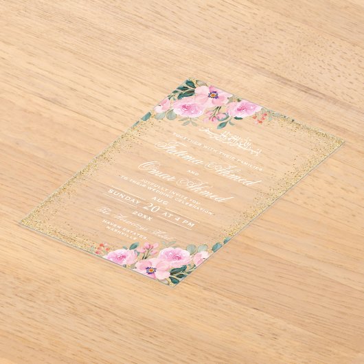 Goud Lijst Roze Floral islamitische bruiloft Acryl Uitnodigingen (Laagn)