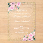 Goud Lijst Roze Floral islamitische bruiloft Acryl Uitnodigingen (Voorkant)
