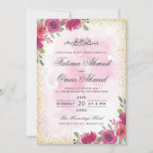 Goud Lijst Roze Floral islamitische bruiloft Kaart (Voorkant)