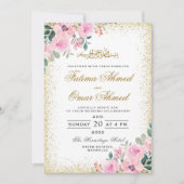 Goud Lijst Roze Floral islamitische bruiloft Kaart (Voorkant)