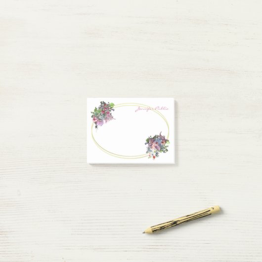 Goud Lijst Sjabloon Hand Script Waterverf Bloemen Post-it® Notes (Op bureau)