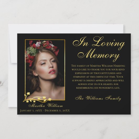 Goud Lijst Uitvaart Foto Elegant Script Dank u Bedankkaart (Voorkant)