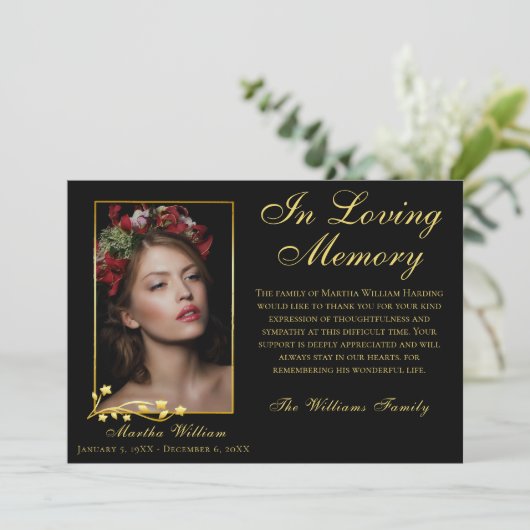Goud Lijst Uitvaart Foto Elegant Script Dank u Bedankkaart (Staand voorkant)