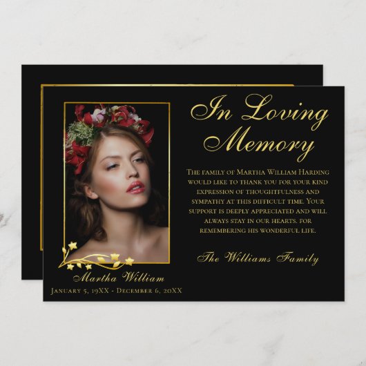 Goud Lijst Uitvaart Foto Elegant Script Dank u Bedankkaart (Voorkant / Achterkant)