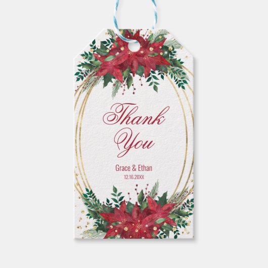 Goud Lijst Vakantie Poinsettia Bruiloft Cadeaulabel (Voorkant)