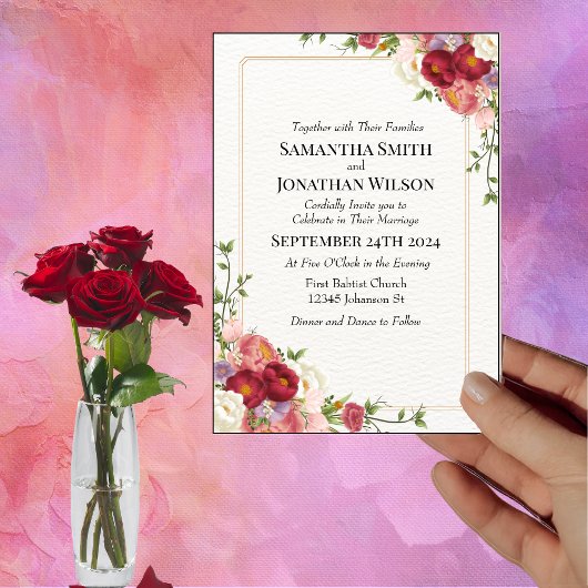 Goud Lijst Waterverf Bloemen Bruiloft Uitnodiging