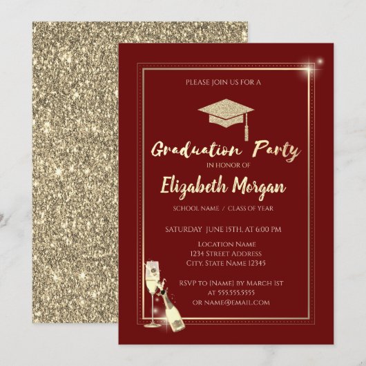 Goud Lijst Wijn Glitter Afstudeerder Pet Rood Kaart (Voorkant / Achterkant)