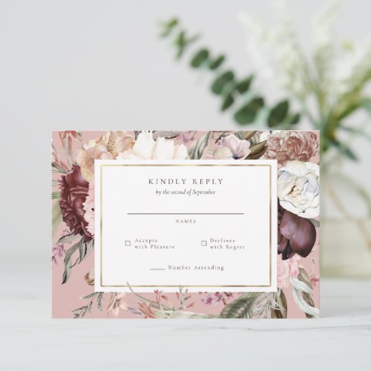 Goud Lijst Wildflower Bruiloft RSVP Antwoord (Staand voorkant)
