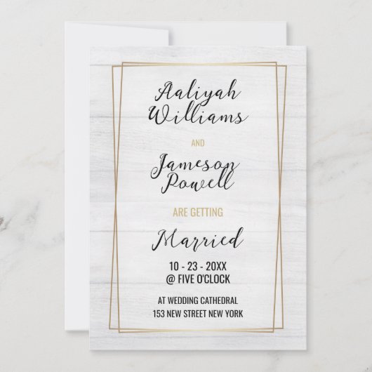 Goud lijst wit rustiek hout typografie Huwelijk Kaart (Voorkant)
