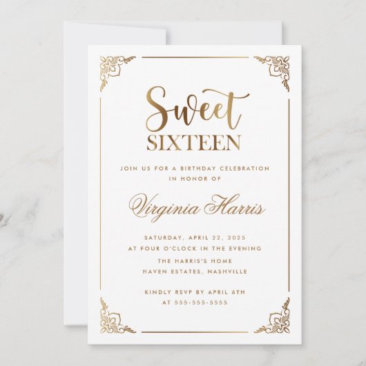 Goud Lijst  Wit Sweet Sixteen 16 Verjaardag Kaart (Voorkant)