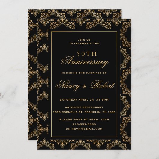 Goud Lijst Zwart 50ste bruiloft Jubileum Kaart (Voorkant / Achterkant)