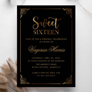 Goud Lijst  Zwart Sweet Sixteen 16 Verjaardag Kaart