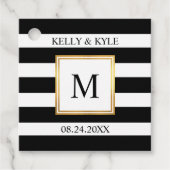 Goud Lijst Zwart Wit Strepen Monogram Bruiloft Bedankjes Labels (Voorkant)
