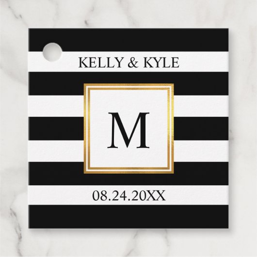 Goud Lijst Zwart Wit Strepen Monogram Bruiloft Bedankjes Labels (Voorkant)
