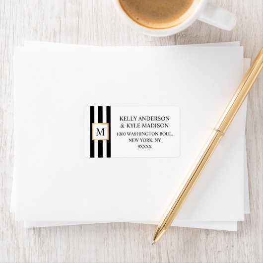 Goud Lijst Zwart Wit Strepen Monogram Bruiloft Etiket (Insitu)