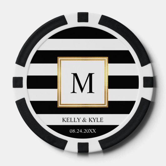 Goud Lijst Zwart Wit Strepen Monogram Bruiloft Poker Chips (Voorkant)