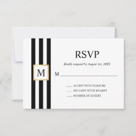 Goud Lijst Zwart Wit Strepen Monogram Bruiloft RSVP Kaartje
