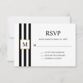 Goud Lijst Zwart Wit Strepen Monogram Bruiloft RSVP Kaartje (Voorkant)