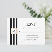 Goud Lijst Zwart Wit Strepen Monogram Bruiloft RSVP Kaartje (Staand voorkant)