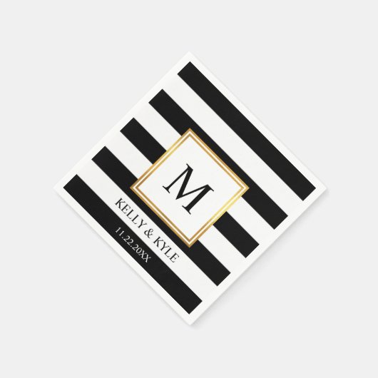 Goud Lijst Zwart Wit Strepen Monogram Bruiloft Servet (Hoek)